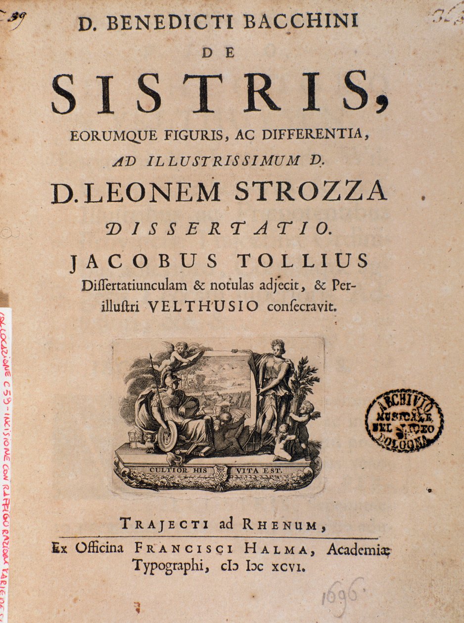 Frontyspis z „De sistri” Benedictusa Bacchiniusa autorstwa Italian School
