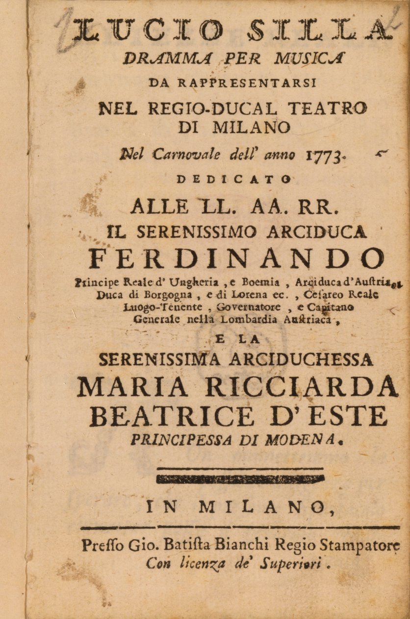 Frontyspis Mozarta Lucio Silla, wykonany w Mediolanie w 1773 r. autorstwa Italian School