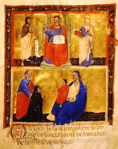 Frontyspis, z Mariegoli gildii świeckich Bractwa Madonny dellUmilita, 1391 (atrament i złoty liść na welinie) autorstwa Italian School