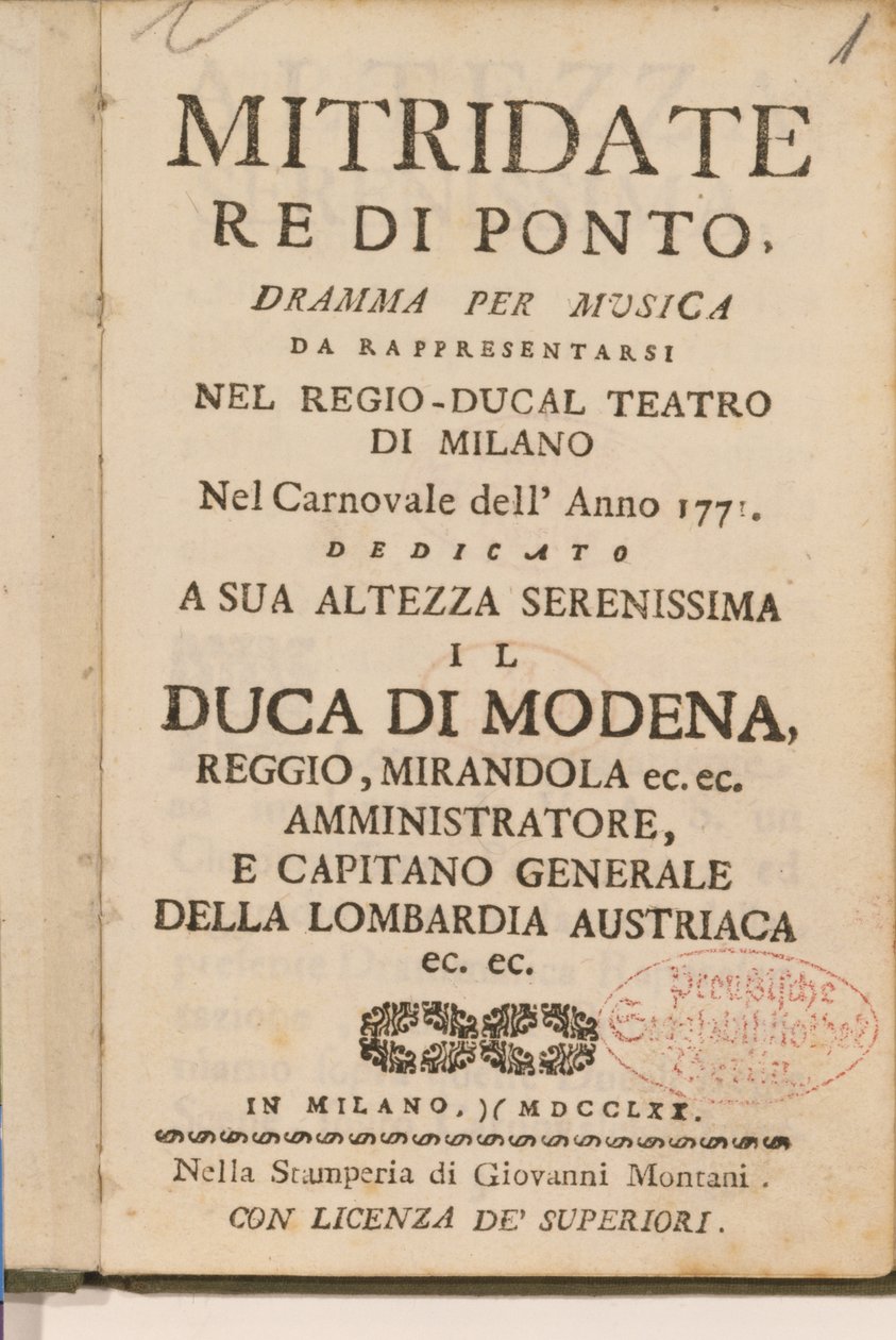 Frontyspis z wczesnej kopii Mitridate, re di Ponte, opery Wolfganga Amadeusza Mozarta, 1770 autorstwa Italian School