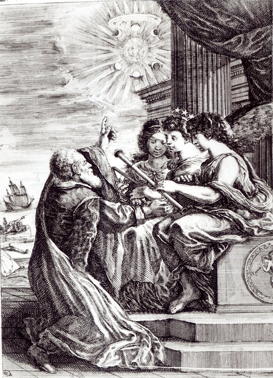 Frontyspis Opere di Galileo Galilei, opublikowany w Bolonii w 1656 r. autorstwa Italian School