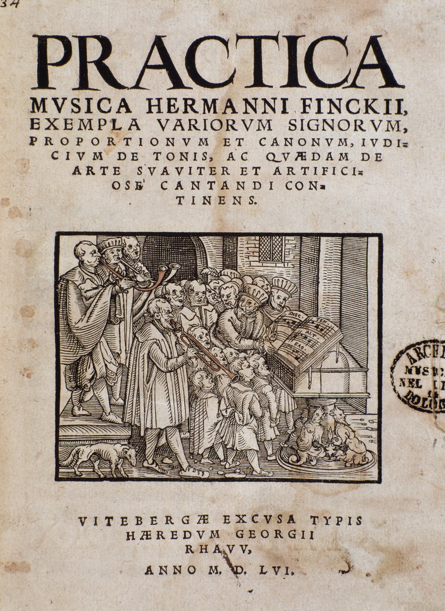 Frontyspis Practica musica Hermanna Fincka (1527-1558) niemieckiego kompozytora i teoretyka muzyki autorstwa Italian School