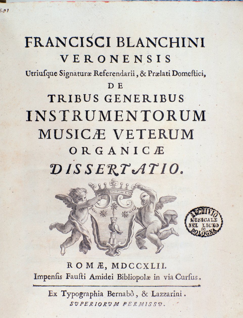 Frontyspis utworu „Tribe Instrumentorum Musicae Veterum” o dawnych instrumentach muzycznych Francesco Brea autorstwa Italian School