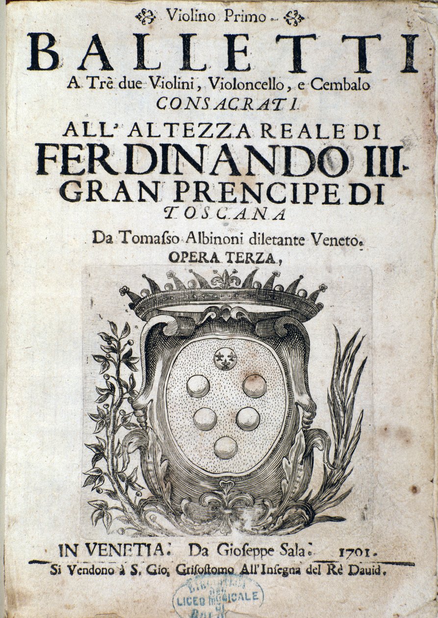 Frontyspis partytury Balletti a tre, opera III Tomaso Albinoniego (1671-1750) autorstwa Italian School
