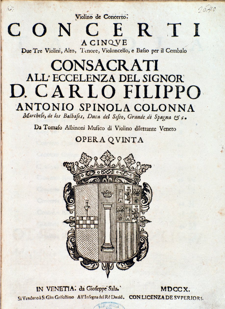 Frontyspis partytury muzycznej „Concerti a cinque, opera 5” Tomaso Albinoni autorstwa Italian School