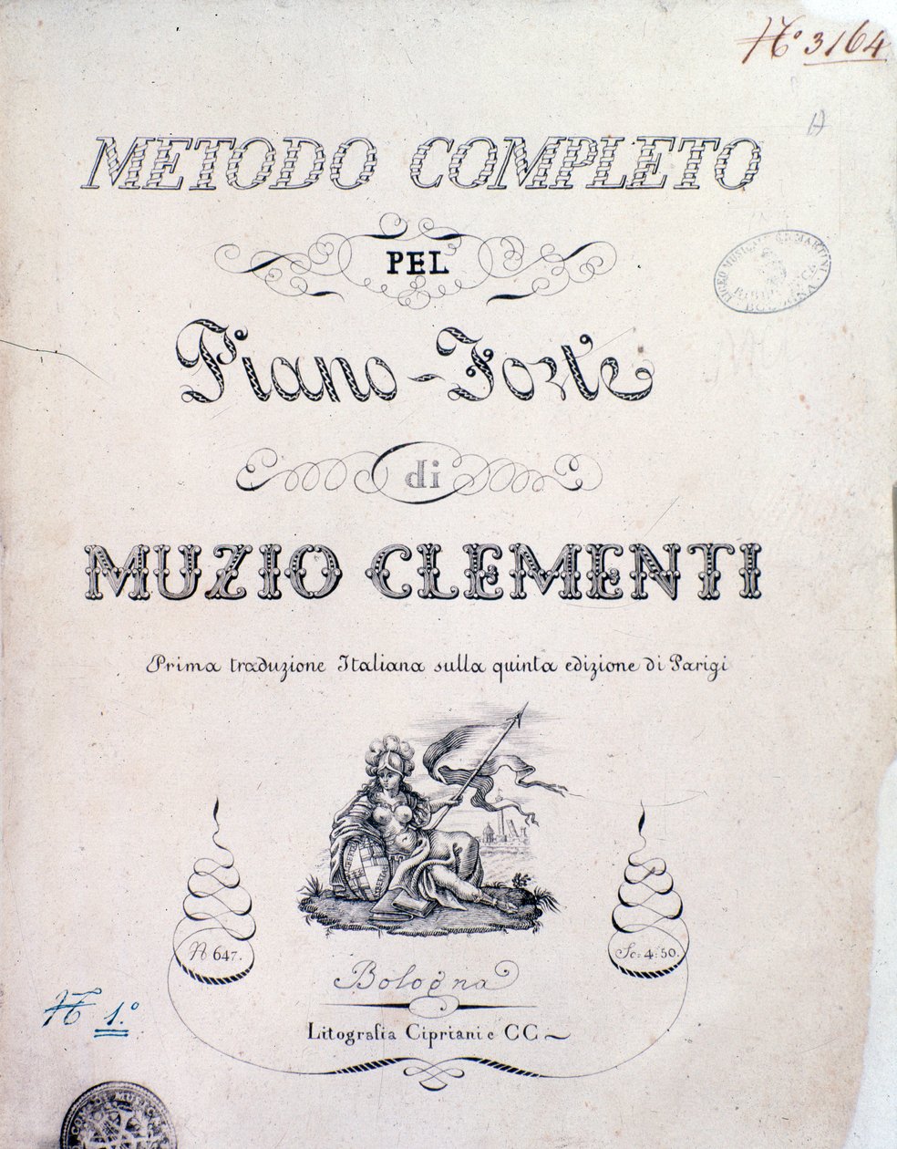 Strona tytułowa podręcznika Kompletna metoda na fortepian Muzio Clementi autorstwa Italian School