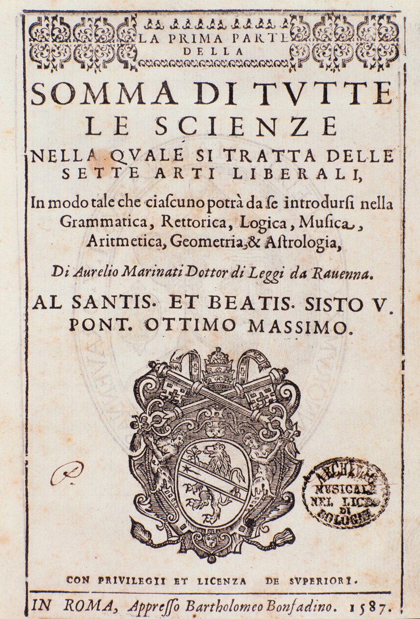 Frontyspis zaczerpnięty z Sumy wszystkich nauk, esej o sztukach wyzwolonych, autorstwa Aurelio Marinati autorstwa Italian School