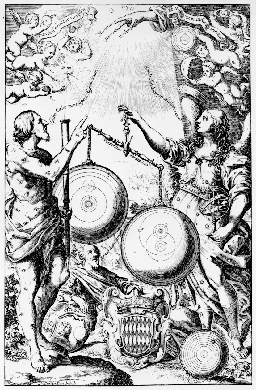 Frontyspis do Almagestum Novum Giovanniego Battisty Riccioli, opublikowany w 1651 r. autorstwa Italian School