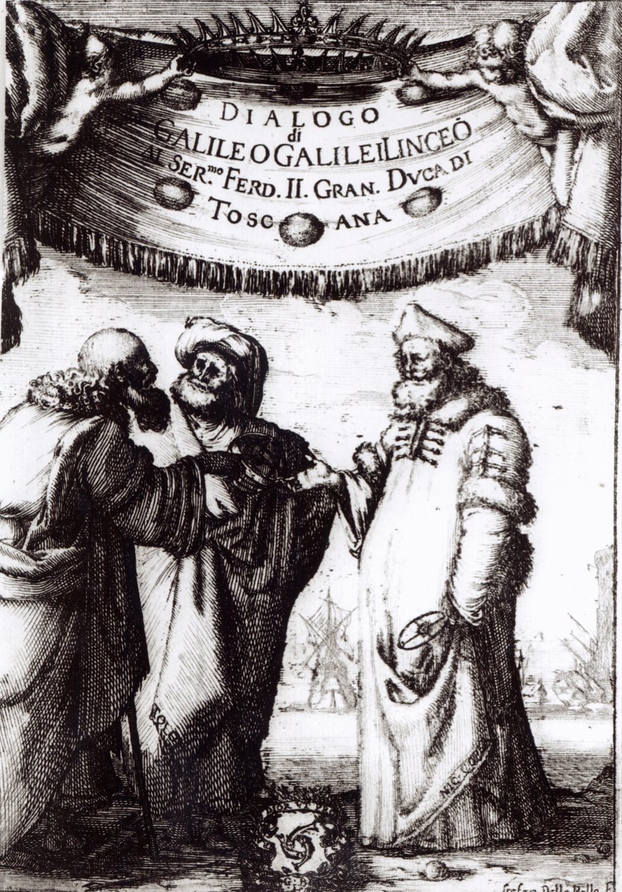 Frontyspis do dialogu o dwóch największych systemach świata autorstwa Galileusza, opublikowany w 1632 r. autorstwa Italian School