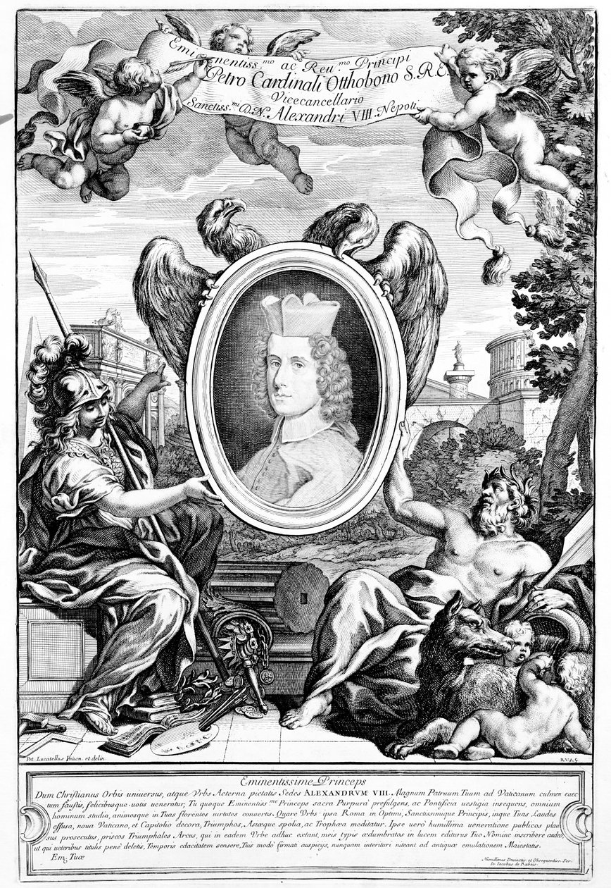 Frontyspis do starożytnego łuku Augusta z portretem kardynała Pietro Ottoboniego, rytowany przez Roberta van Audenaerde, 1690 autorstwa Italian School