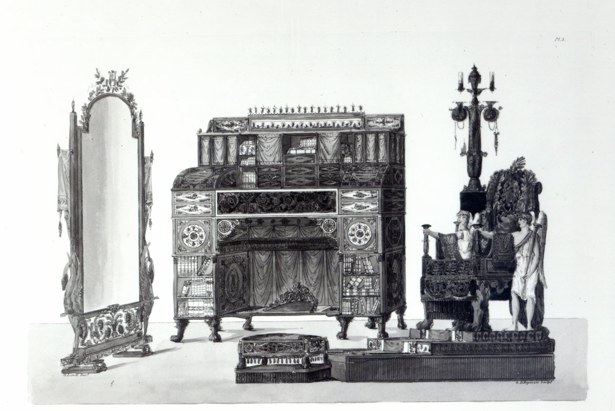 Meble w stylu greckim z dekoracji architektonicznych Gaetano Landi, sztychowane przez G. DArgenzio, 1810 autorstwa Italian School