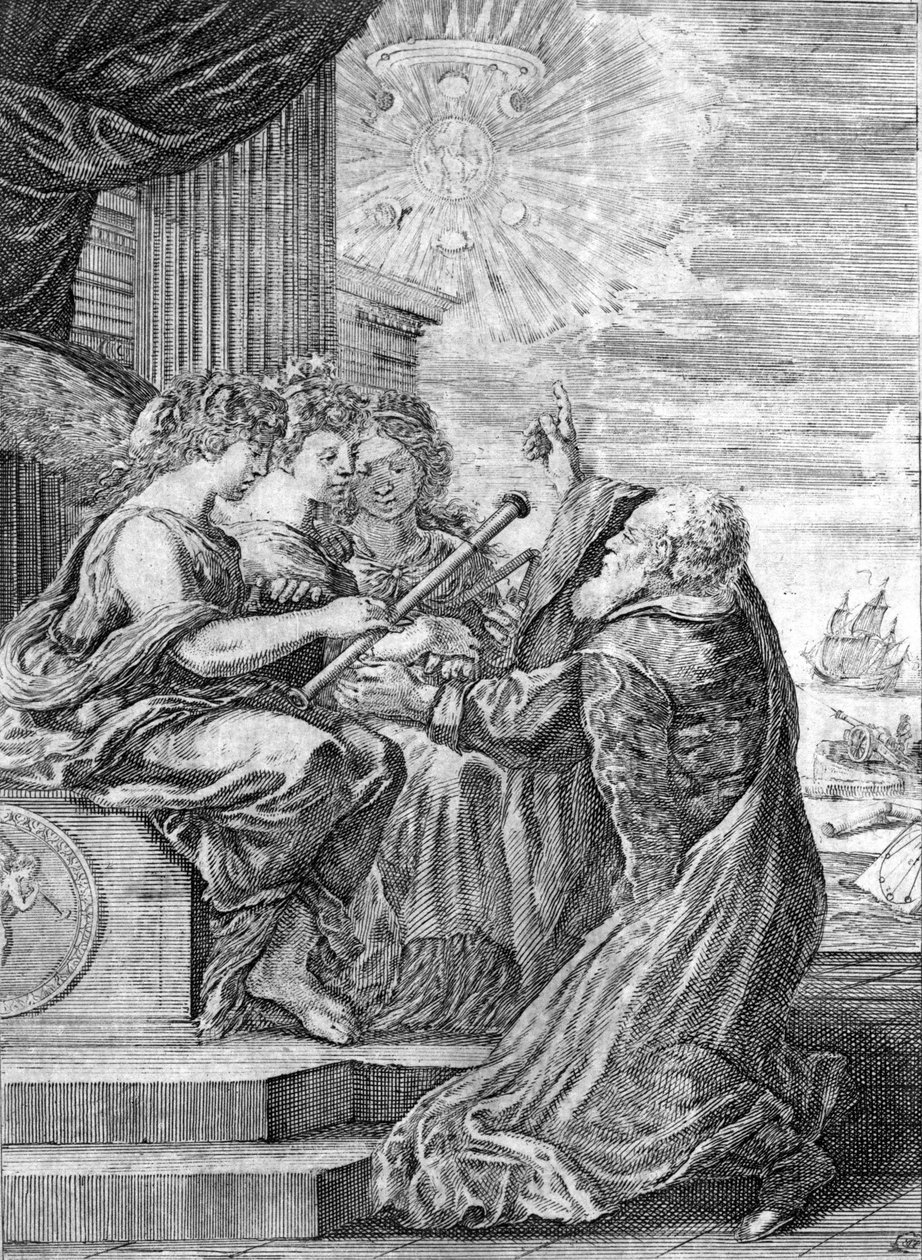 Galileusz, astronom (1564-1642) przedstawia teleskop trzem łaskom. Prawą ręką wskazuje planetę Jowisz ze swoimi odkrytymi przez siebie satelitami i dedykowanymi rodzinie Medici. Frontispice de „”Opere di Galileo”””Bolonia autorstwa Italian School
