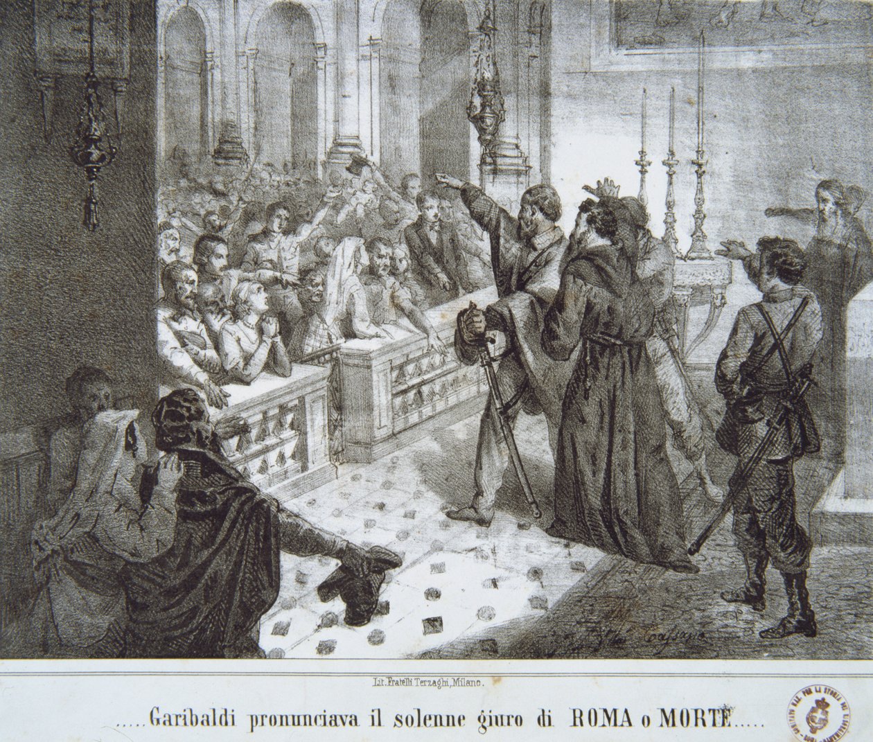 Garibaldi wypowiadający słynne zdanie „Rzym czy Śmierć” autorstwa Italian School