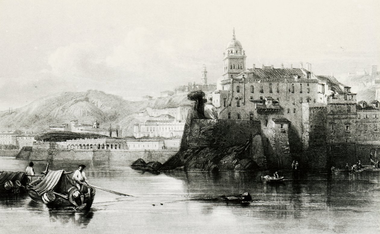 Mur mariny w Genui z Villa Doria Pamphili w tle, grawer, ok. 1850, Włochy autorstwa Italian School