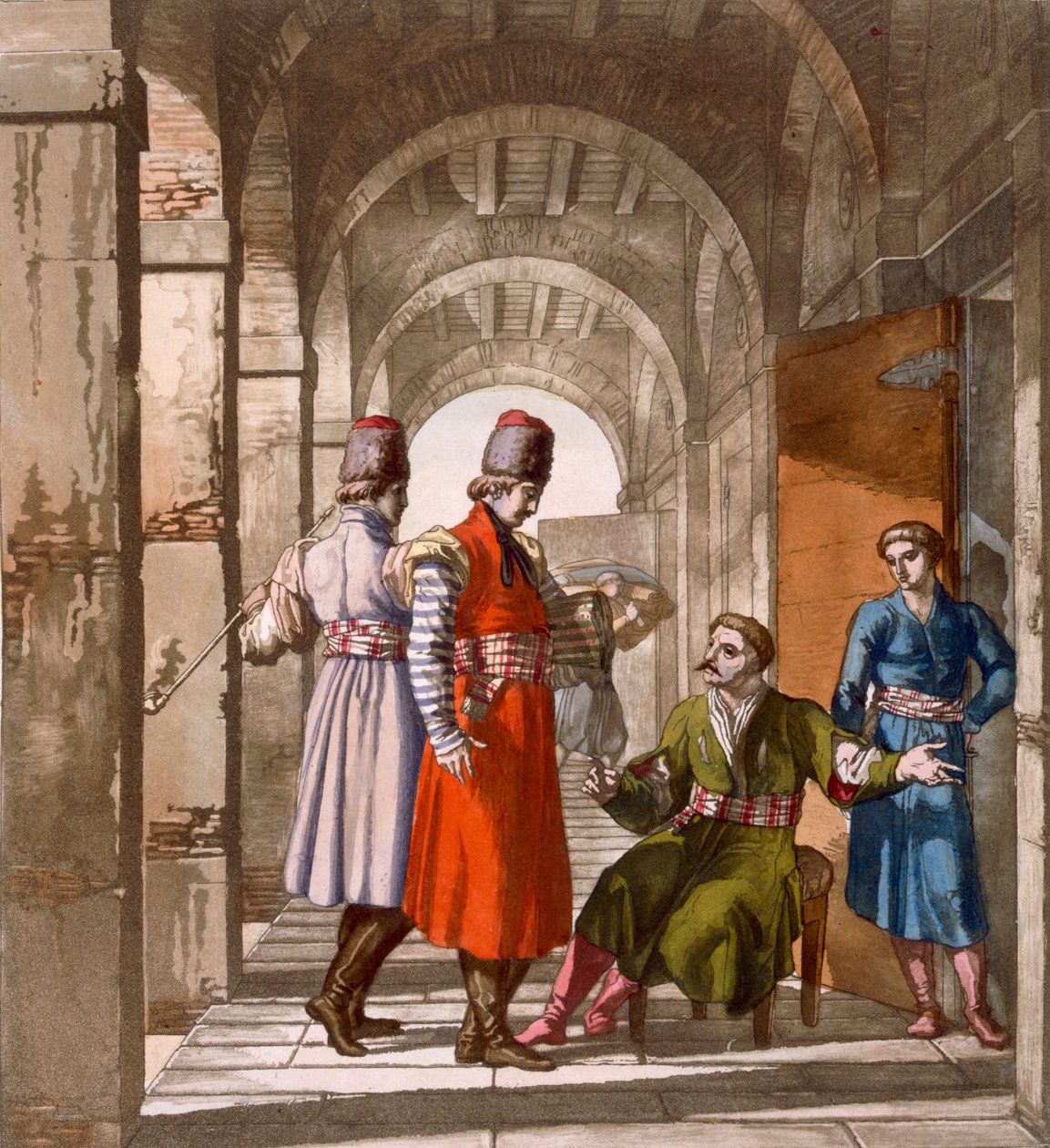 Gruzini mężczyźni rozmawiający i palący w arkadach, ok. 1820-30 lat autorstwa Italian School