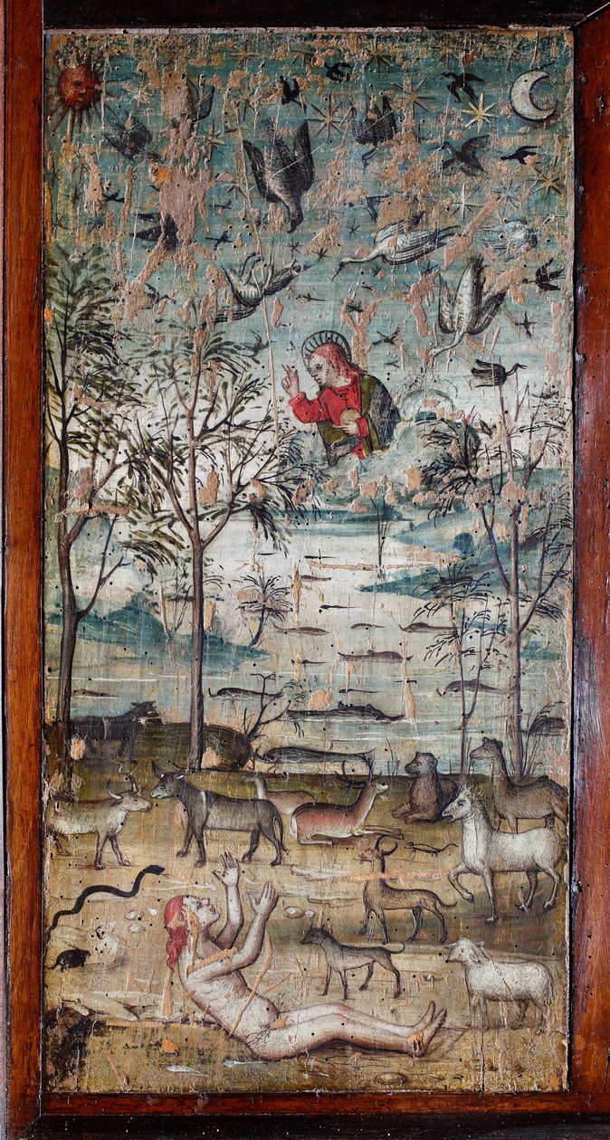 Bóg stwarza Adama, zwierzę, ziemię, niebo i wodę Obraz na drewnie zdobiący płycinę gabinetu antycznej zakrystii Bramante (Obraz w zakrystii Bramante) Basilica di Santa Maria delle Grazie, Mediolan, Włochy autorstwa Italian School