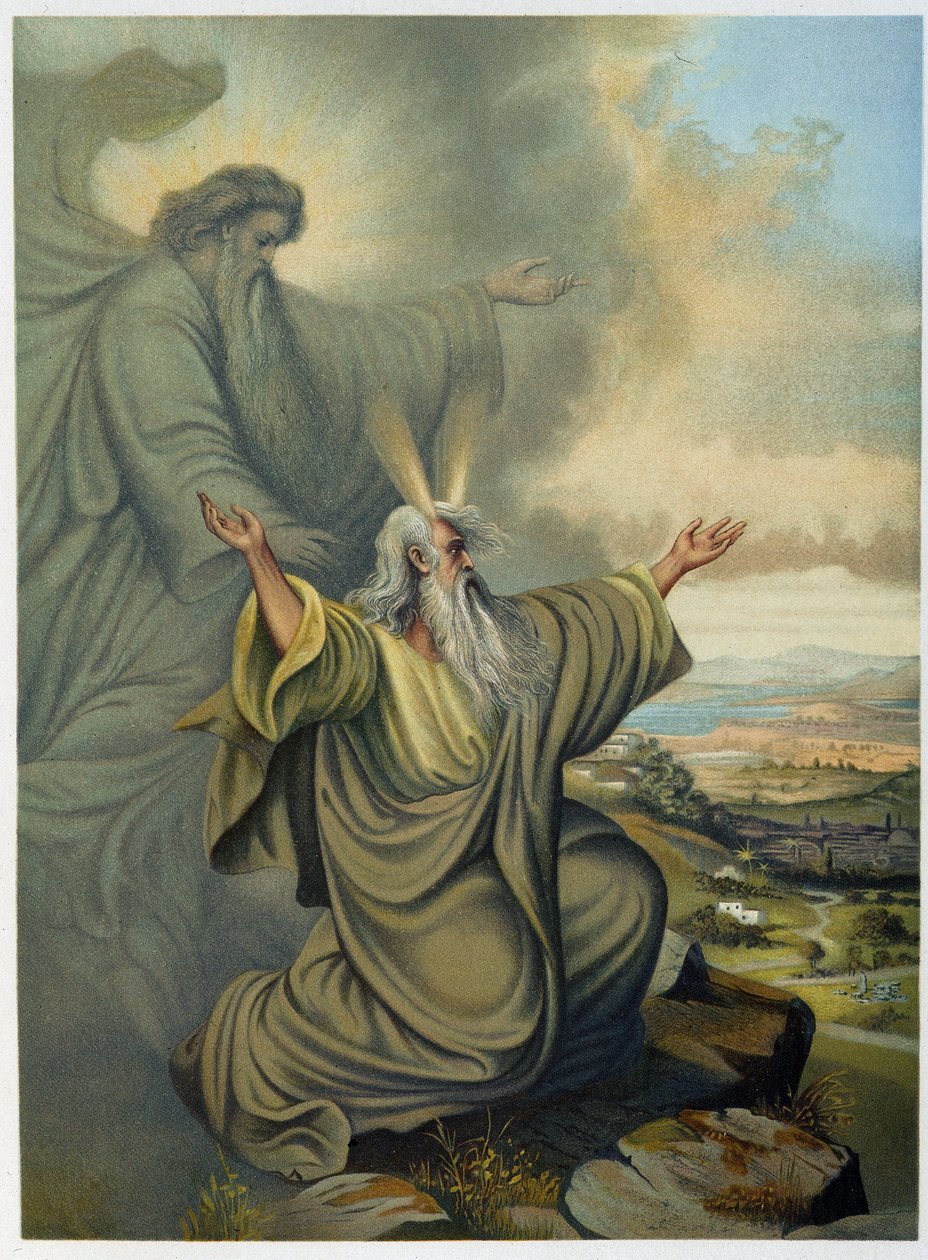 Bóg ukazujący Mojżeszowi Ziemię Obiecaną - w „Klasyczna Złota Biblia: Historia Objawienia Bożego w Starożytnym i Nowym Stresie”” autorstwa Giovanniego Ladislao Sykory (t. 1), przekład Don Clemente Benetti. (Biblia włoska) autorstwa Italian School