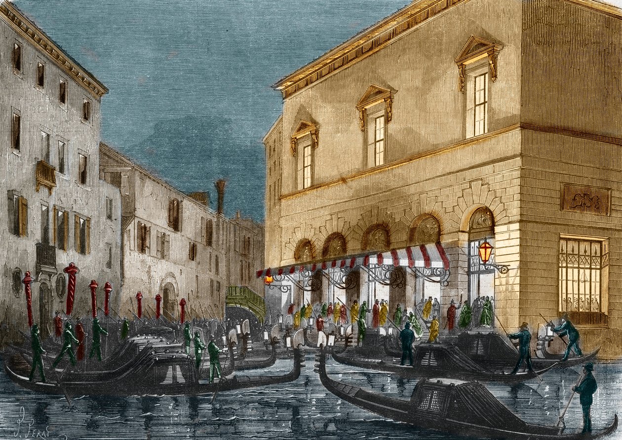 Gondolierzy czekający na widzów przed Teatro La Fenice, Wenecja, Włochy, z Le Monde Illustre nr 564, 1868 r. autorstwa Italian School