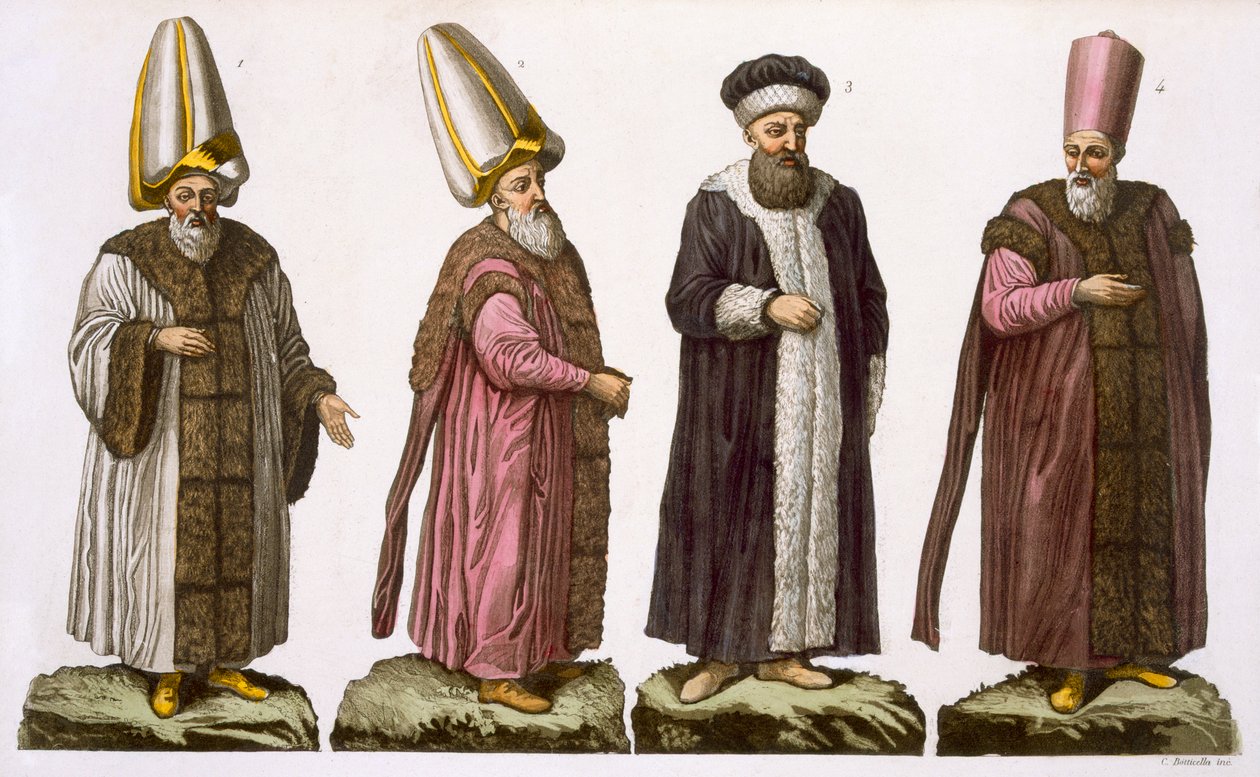 Wielki Wizyt, Caim-Mecam, Reis-Efendi i Khodjakian, tablica 15 z części III, tom I Historii Narodów, ryty: C. Botticella (akwatinta) autorstwa Italian School
