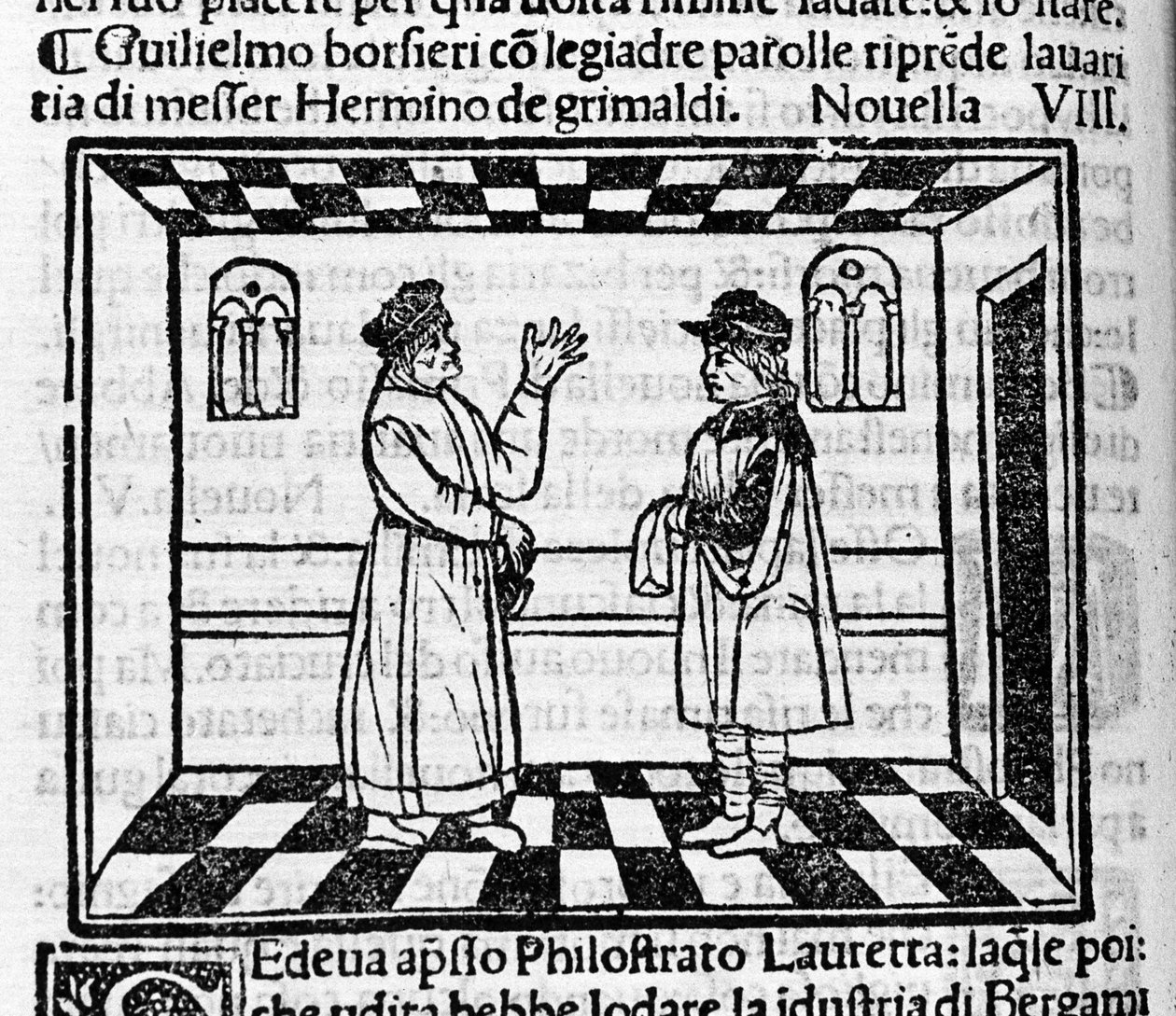 Skąpy Erminio Grimaldiego mierzy się z Guglielmo Borsiere, który próbuje wyłudzić od niego pieniądze pięknymi słowami. Ilustracja do nowej 61 (nowej ósemki pierwszego dnia) „Dekameronu” autorstwa Giovanniego Boccaccio dit Jean Boccaccio (1313-1375), włoski autorstwa Italian School