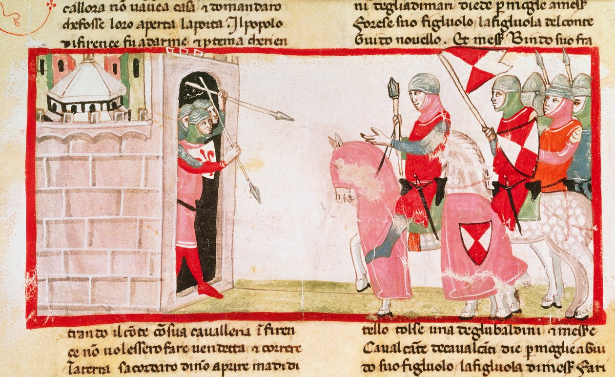 Guelfowie blokują Gibelinom ponowne wejście do miasta, miniatura z Kroniki Giovanniego Villaniego, rękopis, Włochy XIV wiek. autorstwa Italian School
