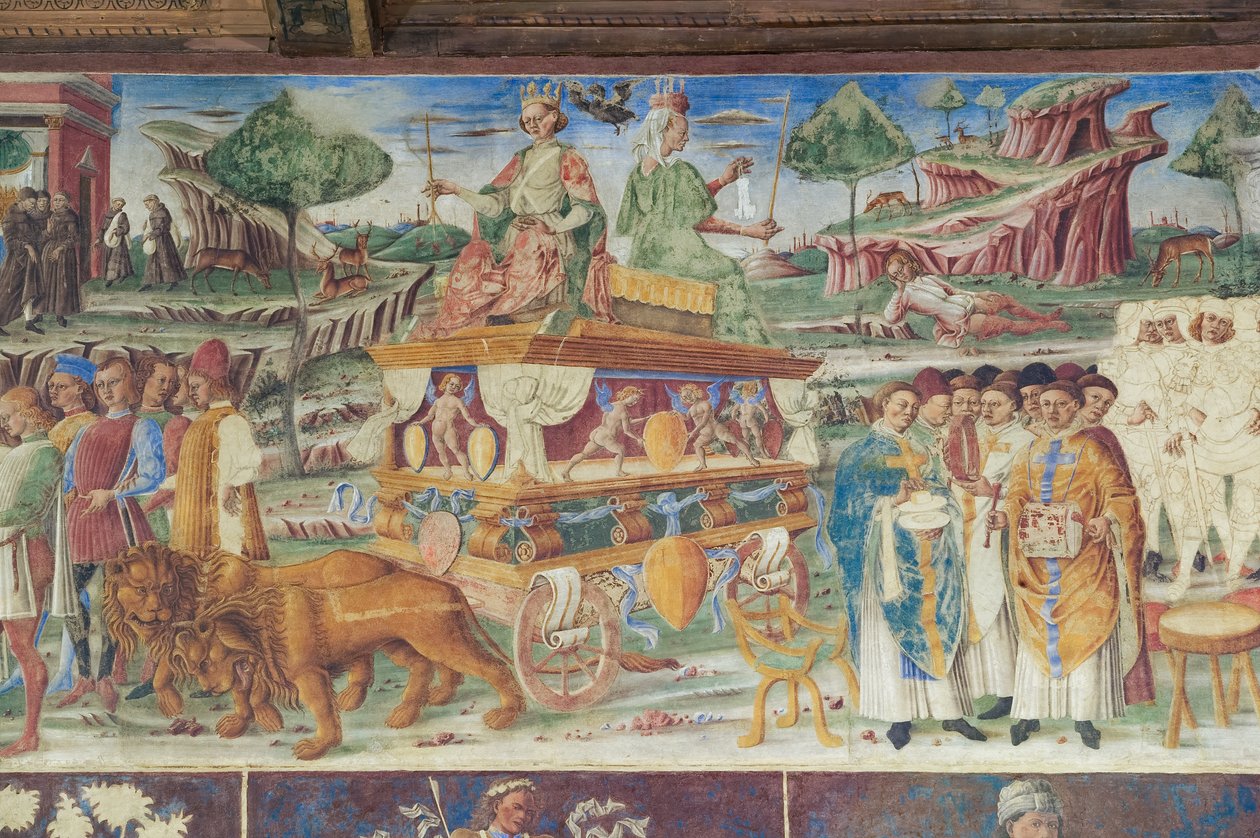 Sala Miesięcy, Ściana Północna: „Lipiec” z triumfem Jowisza i Kybele, ok. 1468-70 (fresk) autorstwa Italian School