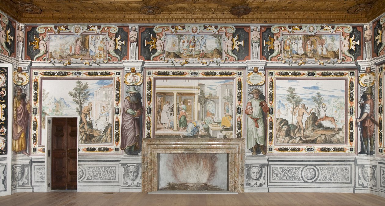 Sala Zodiaku: Bogowie karzący mężczyzn i postacie męskie reprezentujące miesiące roku (fresk) autorstwa Italian School