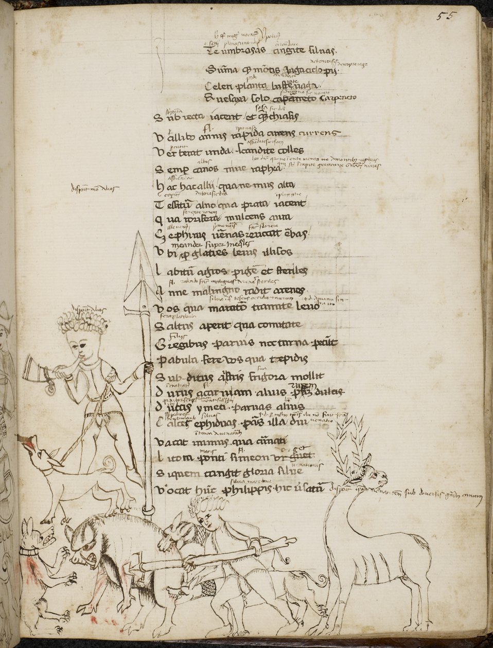 Harley 2453, f.55 Scena polowania z dzikiem, jeleniem, myśliwymi, psami i zającem, z „Tragodiae”, Lucjusza Annaeusa Seneki autorstwa Italian School