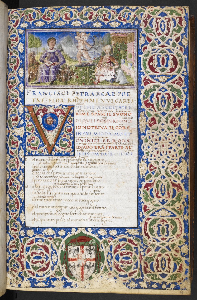 Harley 3567, f.9 Miniatura Petrarki i Laury, z miłością celującą strzałą w Laurę, z filmu „Rime i Trionfi” autorstwa Italian School