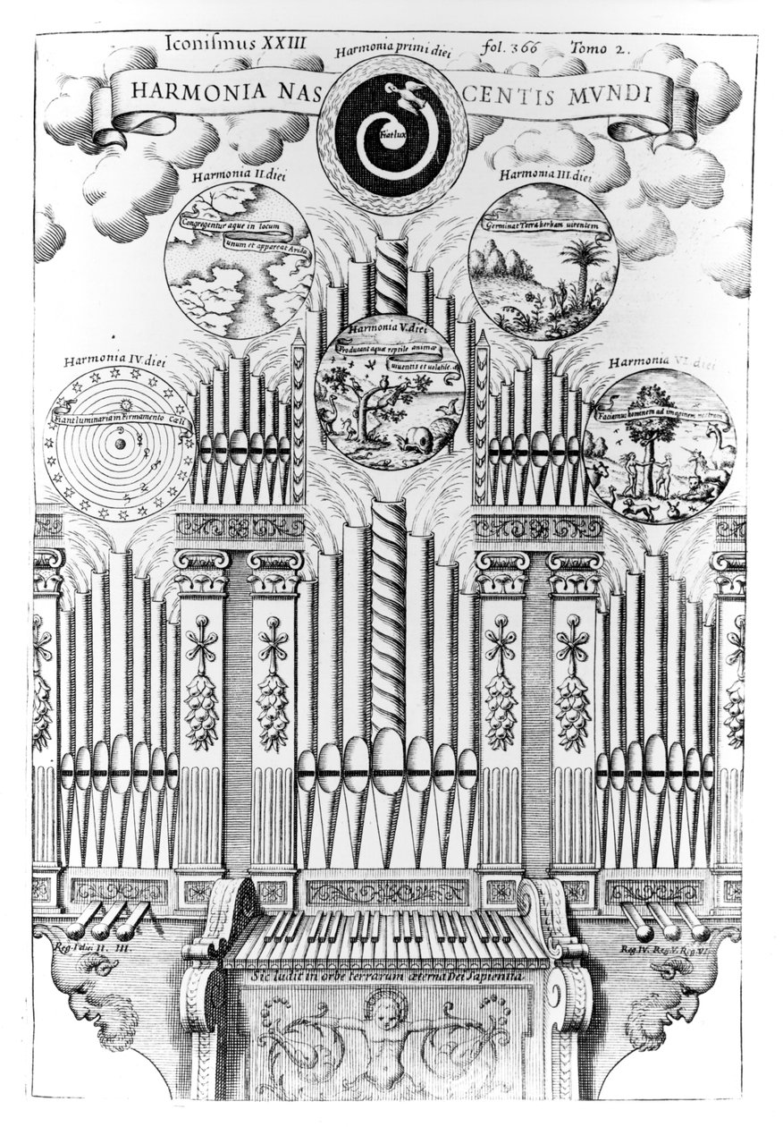 Harmonia narodzin świata (Harmonia Nascentis Mundi), ilustracja z Musurgia Universalis, t.2, k. 366, autorstwa Athanasiusa Kirchera, opublikowana w Rzymie, 1650 autorstwa Italian School