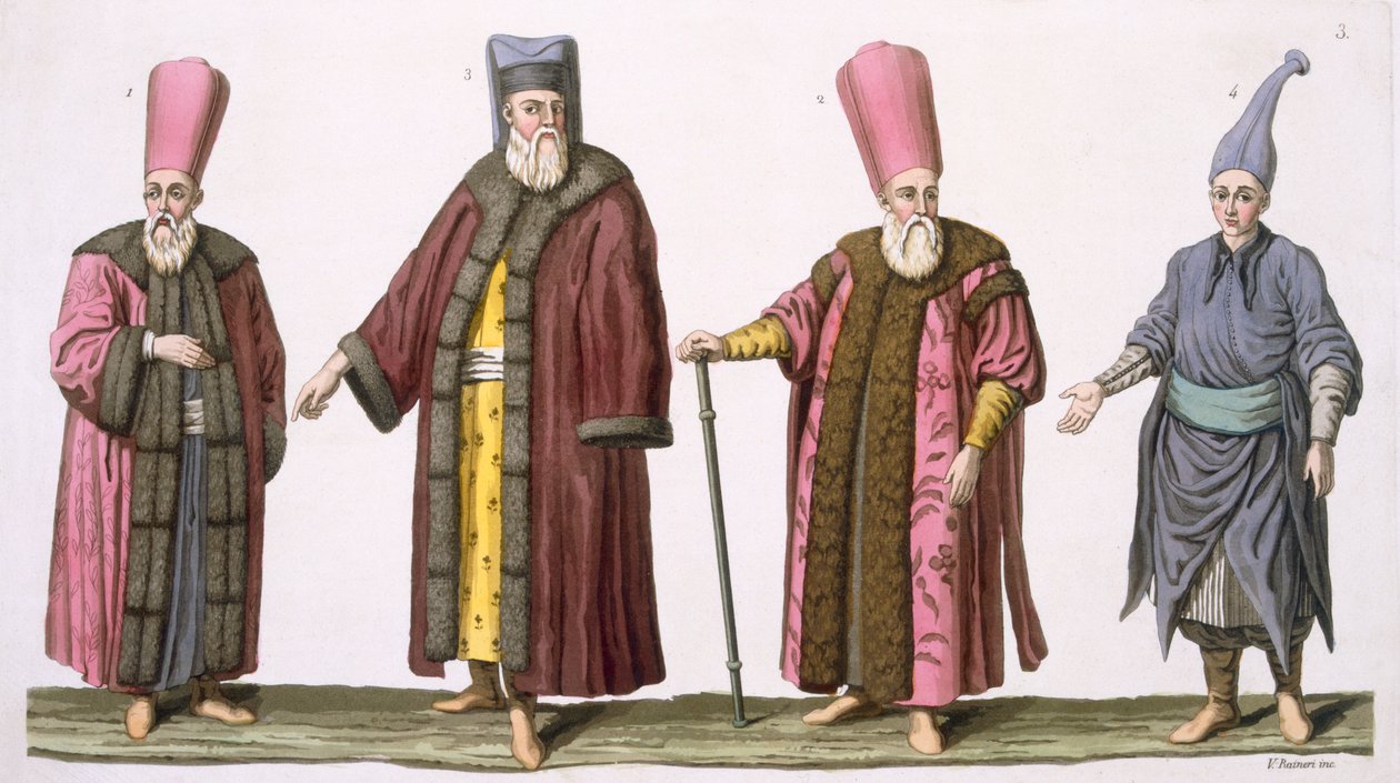 Head Usher of the Harem, Captain of the Harem Ushers, Harem Usher and Pageboy, płyta 3 z części III tomu I Historii narodów, grawerowana przez V. Raineri (akwatinta) autorstwa Italian School