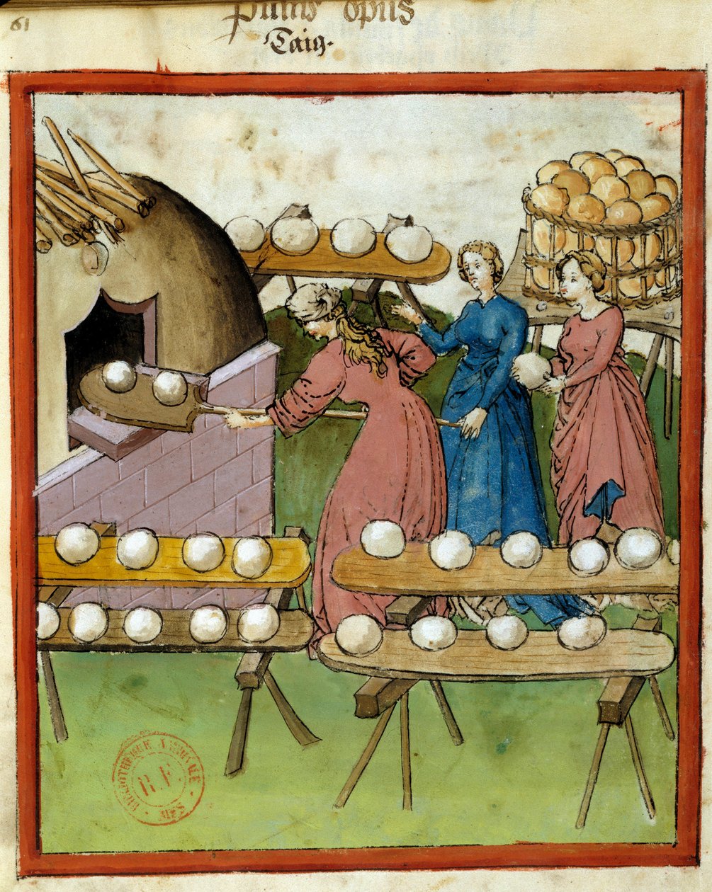 Podręcznik zdrowia: pieczenie chleba. Miniatura rękopisu „Tacuinum Sanitatis”, Lombardia, 3. ćw. XIV w. Paryż, B N autorstwa Italian School