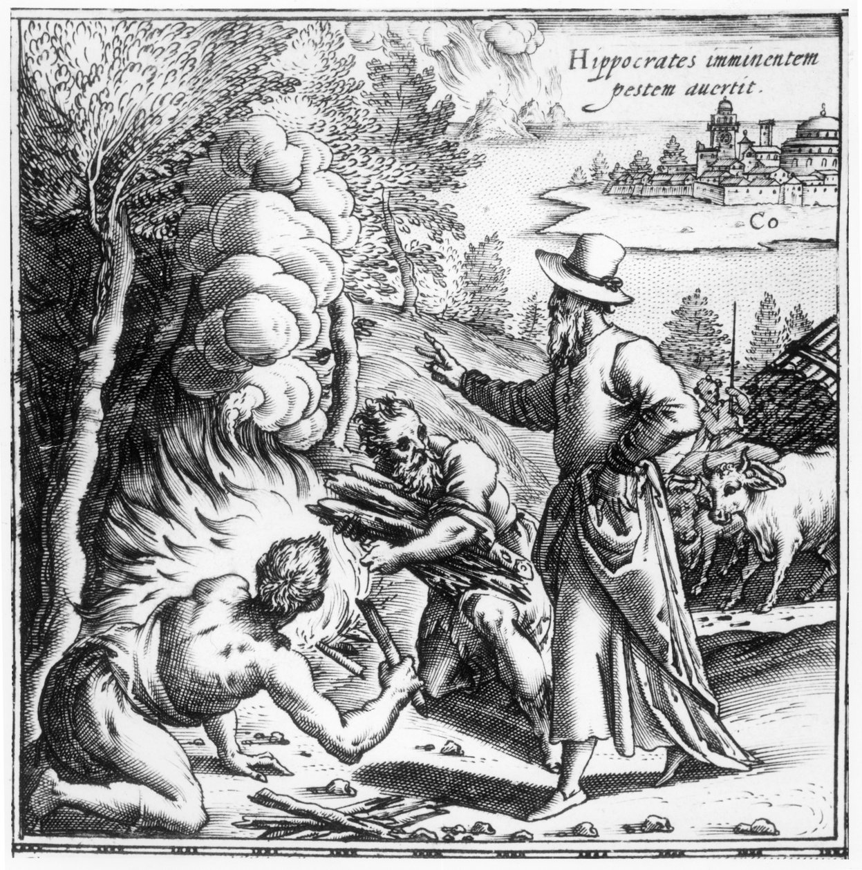 Hipokrates (ok. 460-ok. 377 pne) wyjaśniający znaczenie zarażenia w epidemii dżumy, strona tytułowa z Hippocratis Opera Quae Extant, wyd. w Wenecji, 1588 autorstwa Italian School