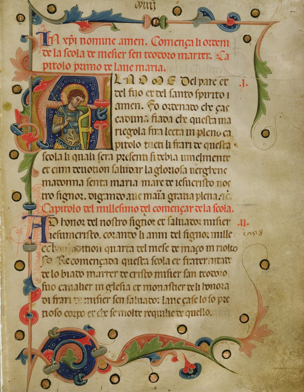 Historyczny inicjał „A” przedstawiający św. Teodora z Mariegoli, 1350 (atrament na welinie) autorstwa Italian School