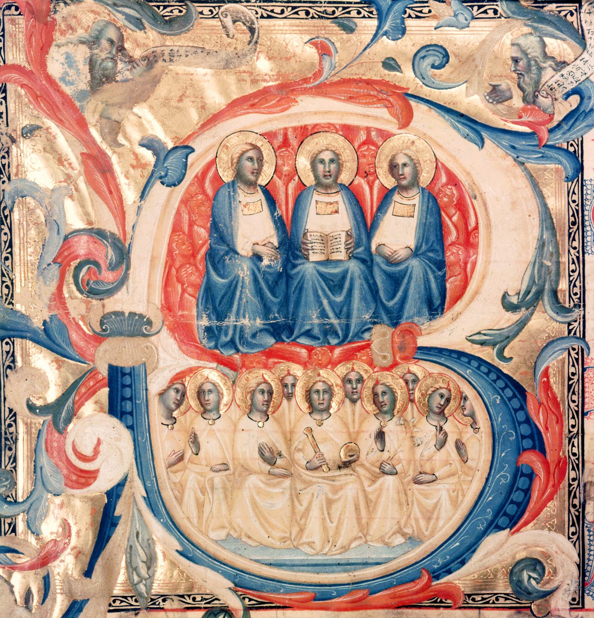 Historyczny inicjał B przedstawiający Trójcę i Chrystusa w otoczeniu aniołów, Szkoła bolońska, ok. 1340-50 autorstwa Italian School