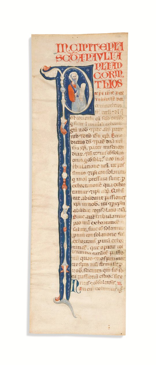 Historyczny inicjał „P” ze św. Pawłem, wycięty z iluminowanej Biblii atlantyckiej, Bolonia, ok. 1270 (tusz na welinie) autorstwa Italian School