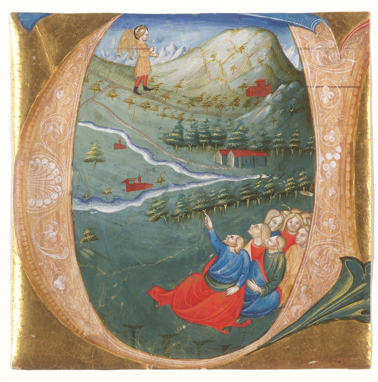 Historyczny inicjał przedstawiający Elizeusza w płaszczu Eliasza, wycięty z antyfonarza, ok. 1440 (tempera i złoty liść na pergaminie) autorstwa Italian School