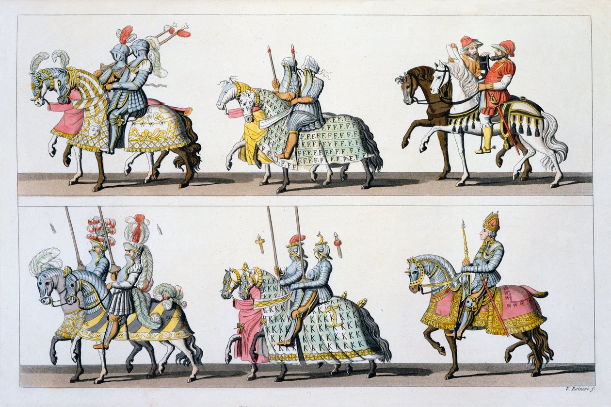 Święte Cesarstwo Rzymskie: Uczestnicy turnieju na Zamku Luksemburskim w czasach Maksymiliana I, z Costumi dei Romani, Svizzeri.. c.1800-18 autorstwa Italian School