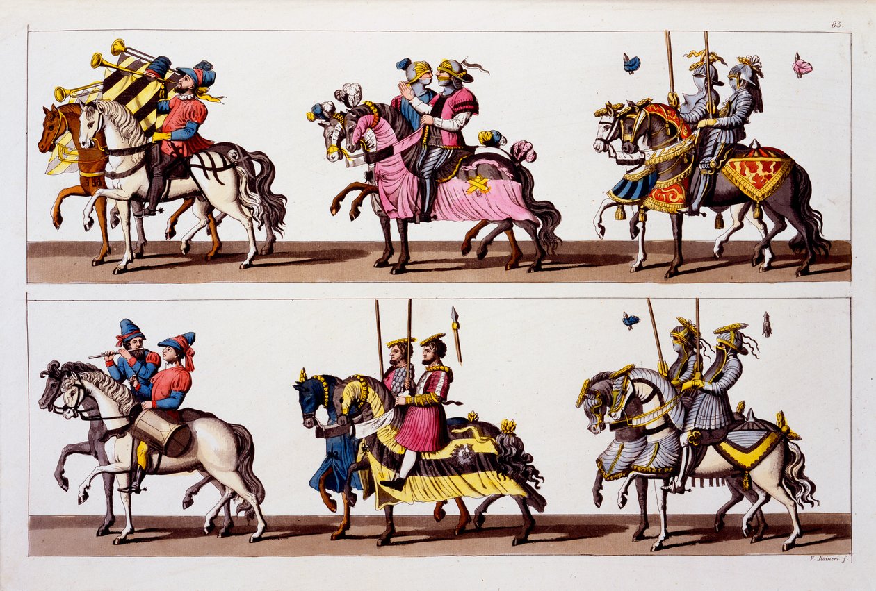 Święte Cesarstwo Rzymskie: Uczestnicy turnieju na Zamku Luksemburskim w czasach Maksymiliana I, z Costumi dei Romani, Svizzeri.. c.1800-18 autorstwa Italian School