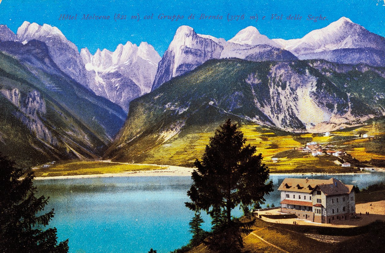 Hotel Molveno z Grupą Brenta i Val delle Seghe, pocztówka, Trydent-Górna Adyga, Włochy, XX wiek autorstwa Italian School