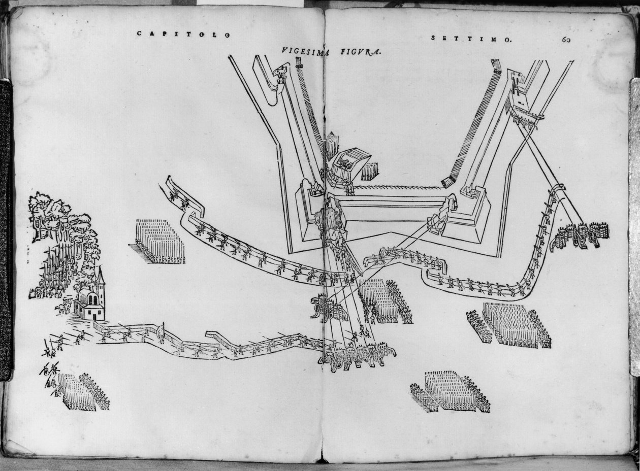 Jak ustawić stanowiska strzeleckie i jak wybrać kąt ścian, ilustracja z Opera nuova di fortificare Girolamo Cataneo Novarese (fl. c.1540-84) Brescia, 1564 autorstwa Italian School