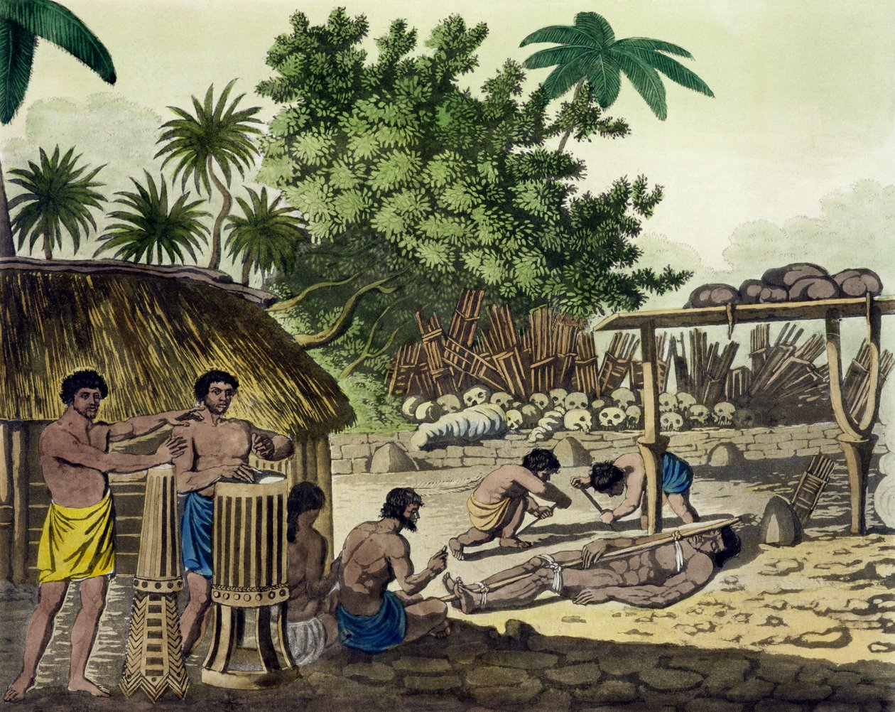 Ofiara ludzka w Otaheite, tablica 84 z Le Costume Ancien et Moderne, autorstwa Julesa Ferrario, opublikowana ok. 1820-30 (patrz także 10204) autorstwa Italian School