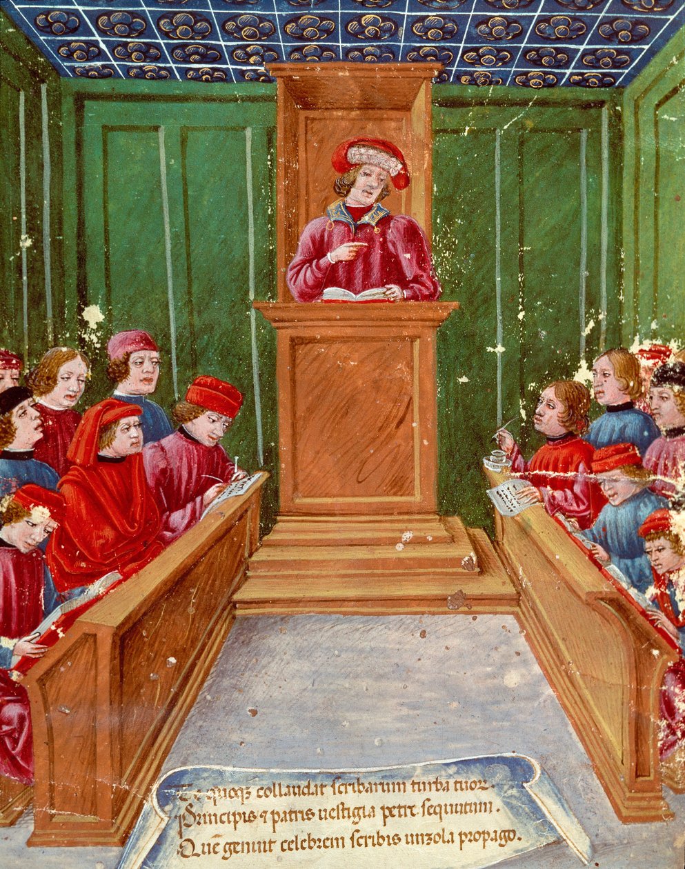 Humanizm: „Wykładanie prawa notarialnego na Uniwersytecie Bolońskim” Miniatura z XV-wiecznego rękopisu Museo Civico, Bolonia autorstwa Italian School