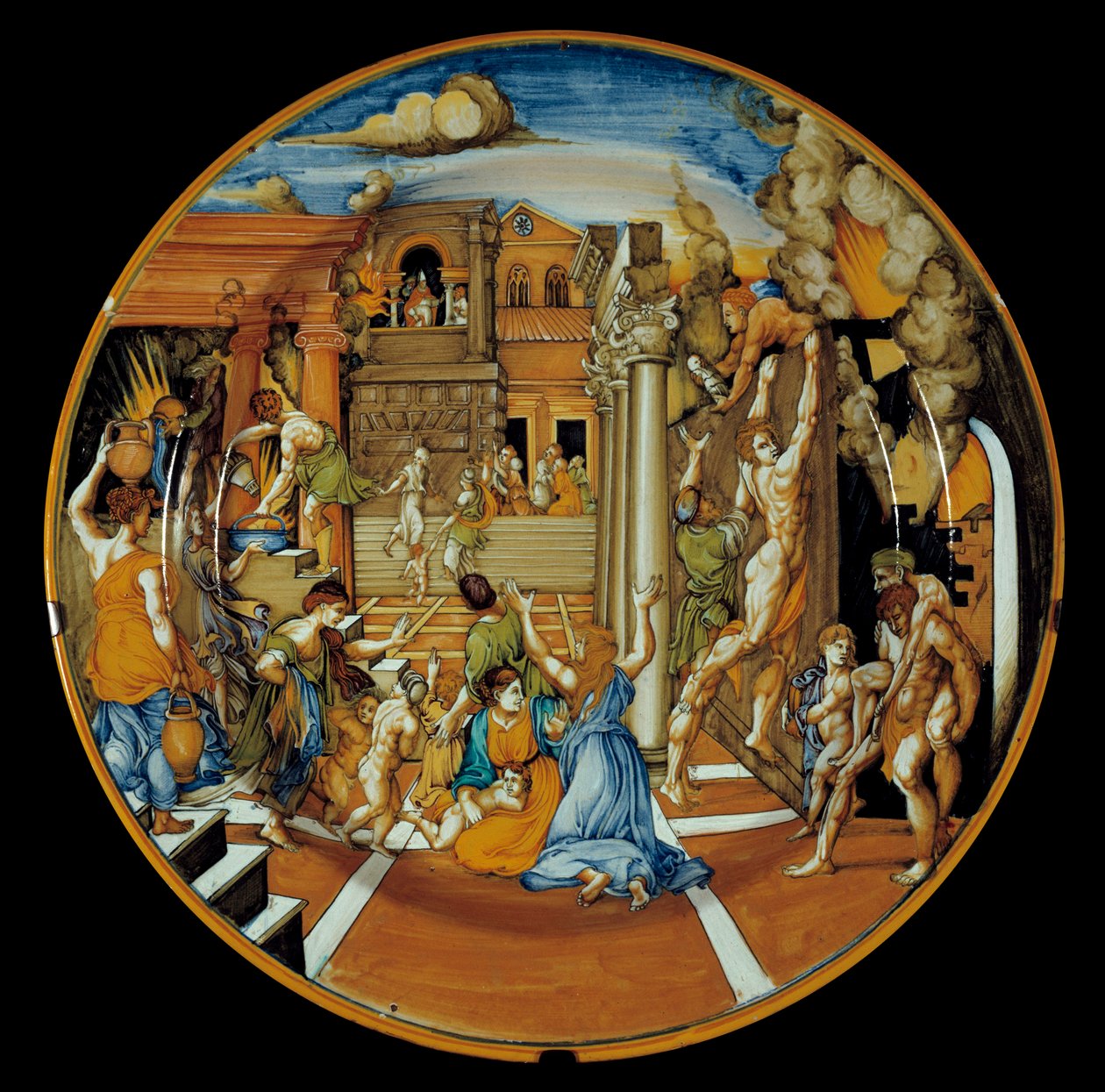 Iliada Homere: fajansowa potrawa przedstawiająca ogień Troi. zrealizowany w Faenzie. 1525-1530. Paryż, Luwr autorstwa Italian School