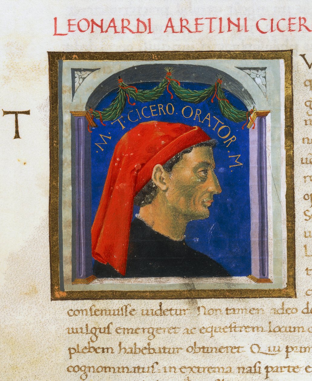 Iluminowana strona z profilem Cycerona, tom I, lew. 1, f 303 r, Vitae virorum illustrium, autorstwa Plutarcha (ca 46-127), rękopis, Włochy autorstwa Italian School