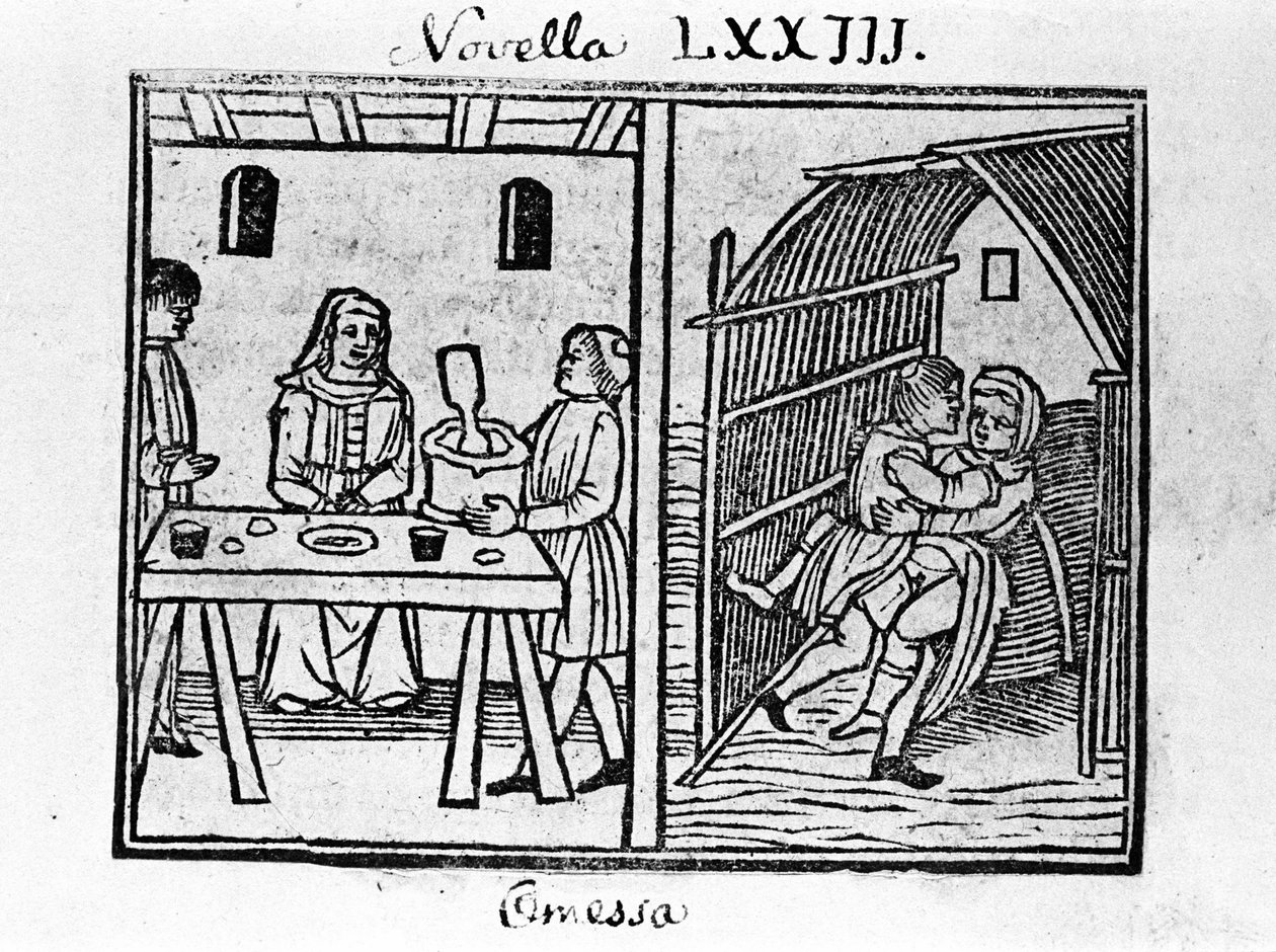 Ilustracja do wiadomości 73 (Nowa 3 dnia ósmego) „Dekameronu” ”od Giovanniego Boccaccio dit Jean Boccaccio (1313-1375), włoskiego pisarza. Grawerowanie w „Dekamerone ouer Cento nouelle” Wenecja, Bartolomeo de 