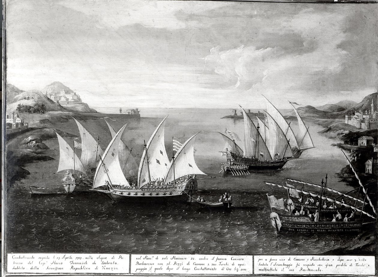 Incydent w Patras między weneckim kapitanem Iwanowiczem da Dabrotą a tureckim piratem Barbarossą, 17 kwietnia 1751 autorstwa Italian School