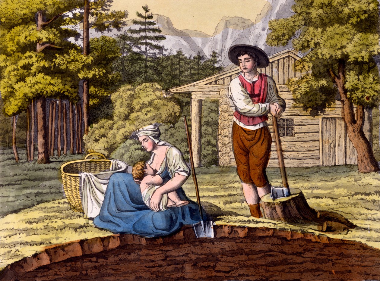 Mieszkańcy Alp Austriackich tworzący zagrodę, z Costumi dei Romani, Svizzeri.. ok. 1800-18 autorstwa Italian School