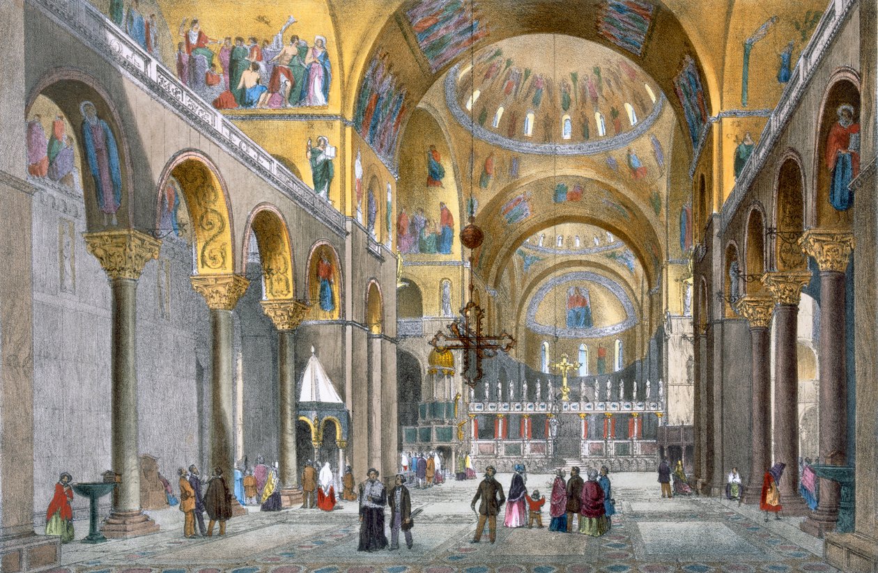 Wnętrze bazyliki San Marco, patrząc w stronę kopuły, z Widoków Wenecji autorstwa Cecchiniego, Pividora i Violi, ok.1850 (litografia ręcznie kolorowana) autorstwa Italian School