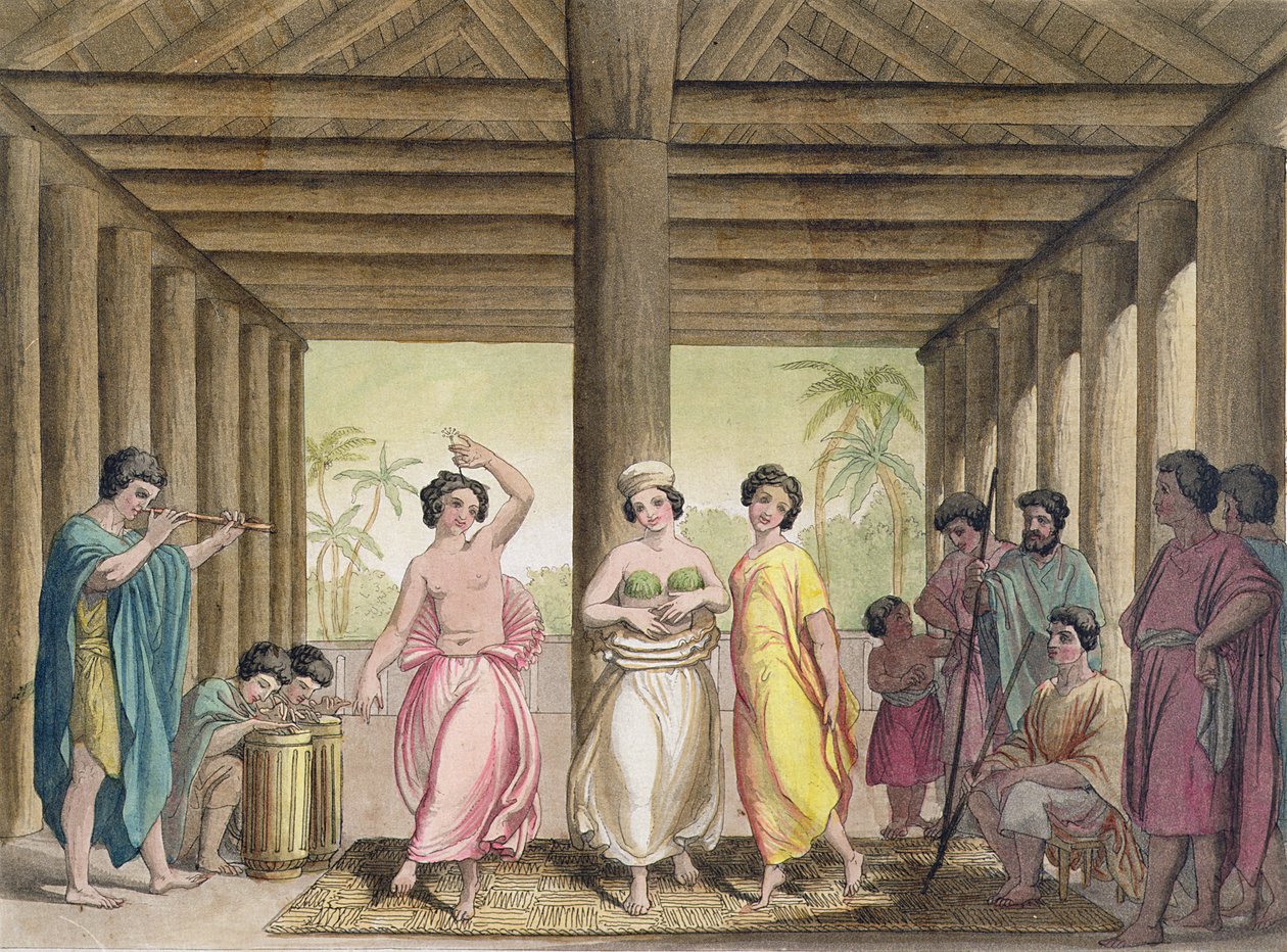 Wnętrze tahitańskiego domu z tancerkami, ilustracja z kolekcji książek podróżniczych z początku XIX wieku autorstwa Italian School